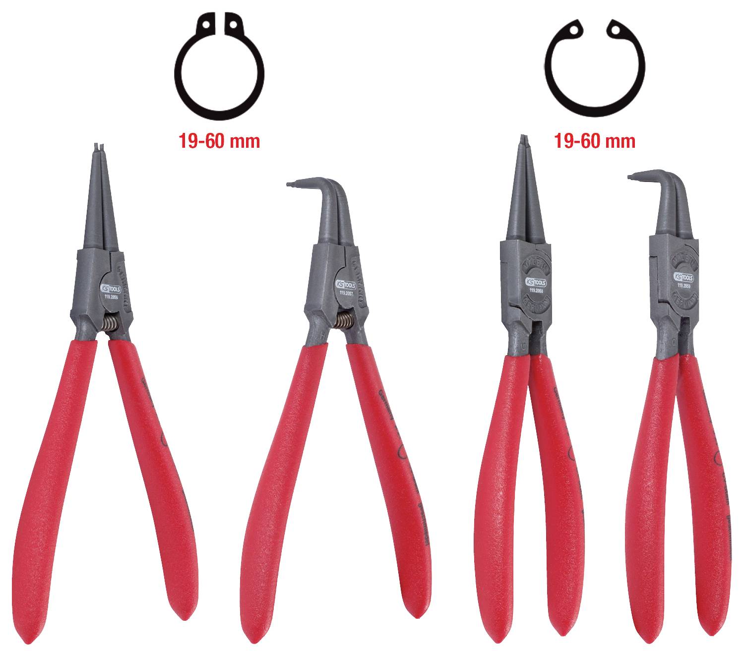Quattro pinze per anelli elastici di colore rosso: due con punte diritte e due con punte curve. Adatte per anelli con diametro da 19 a 60 mm.
