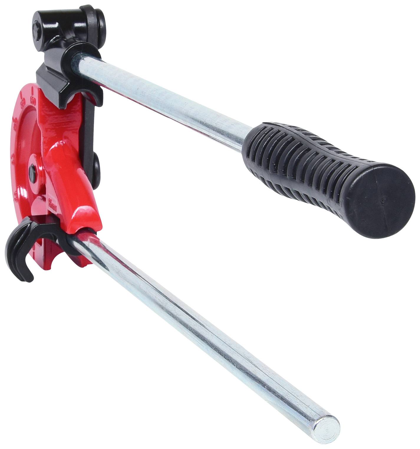 Un dispositivo rosso per piegare tubi con manico lungo, utilizzato per curvare tubi metallici. Adatto per l'uso in lavori idraulici e edili.