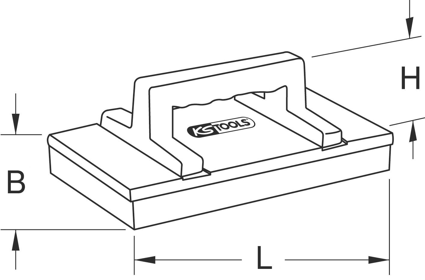 Diagramma di una funzione di sollevamento magnetico per piastrelle con impugnatura. Dimensioni: altezza (H), larghezza (B) e lunghezza (L) indicate.