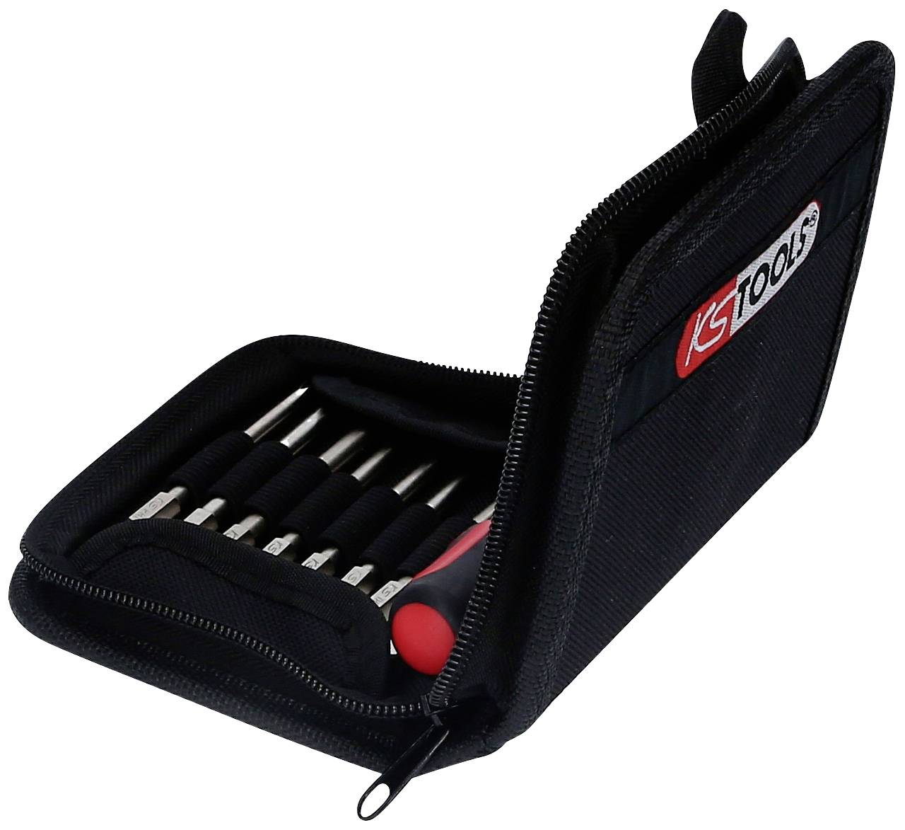 Borsa porta attrezzi nera con cerniera, contenente diversi cacciaviti con manici neri e un cacciavite con impugnatura rossa e nera.
