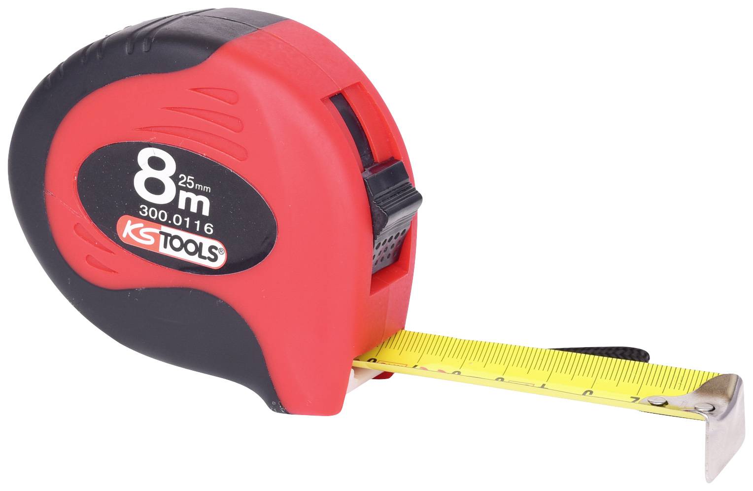 Nastro metrico rosso con nastro giallo arrotolato e scala nera. Iscrizione '8 m, 25 mm, KS Tools'.