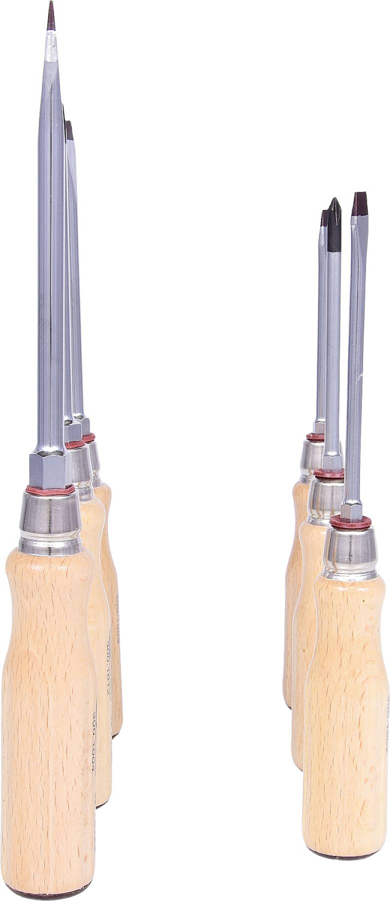 Sei cacciaviti con manici in legno disposti in due file, di diverse dimensioni e punte, in un set di utensili.