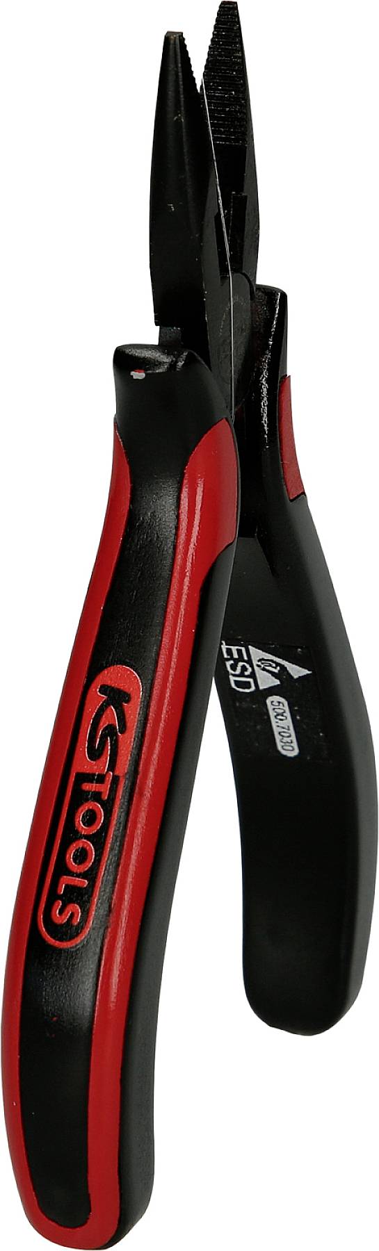 Una pinza combinata rossa e nera con impugnatura ergonomica e piccolo utensile da taglio sulla punta, ideale per lavori di precisione.