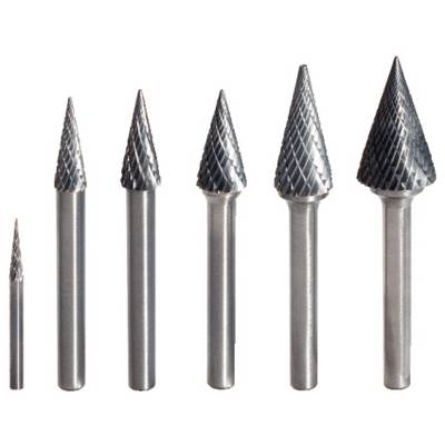 'Set di sei utensili da taglio conici di diversi dimensioni, utilizzati per la lucidatura e la lavorazione dei materiali.'