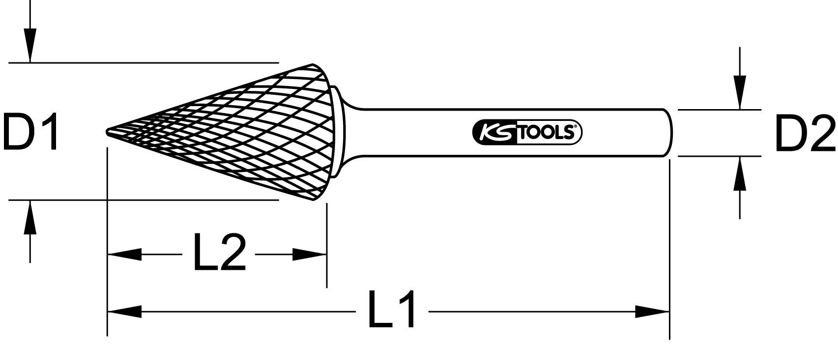Disegno tecnico di una fresa conica con le misure D1, D2, L1, L2, utensile etichettato con 'KS TOOLS'.