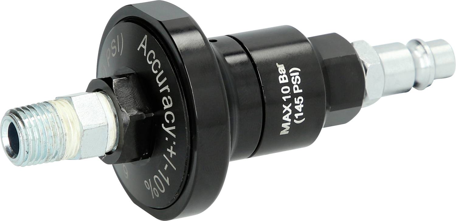 Un manometro nero con la scritta 'Accuracy: ±1.0%' e 'MAX 10 Bar (145 PSI)', utilizzato per misurare la pressione.