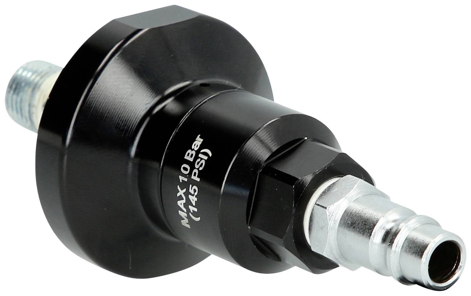 Un accessorio pneumatico nero con la scritta 'MAX 10 Bar (145 PSI)'. Il dispositivo ha raccordi metallici su entrambe le estremità.