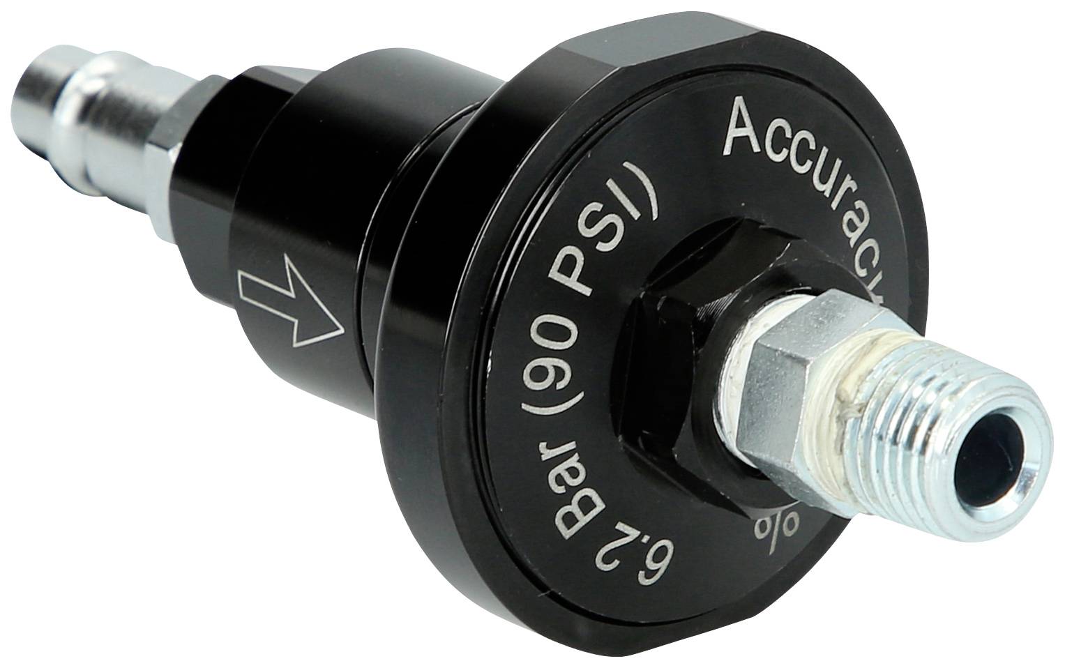 Un regolatore di pressione dell'aria nero con la scritta 'Accuracy 6,2 Bar (90 PSI)'. Una freccia indica la direzione del flusso.