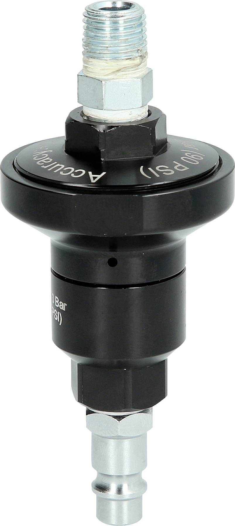 Un regolatore di pressione nero con scritta '10 PSI (0,7 Bar)' e 'AccuAir'. Utilizzato nei sistemi pneumatici per il controllo della pressione.