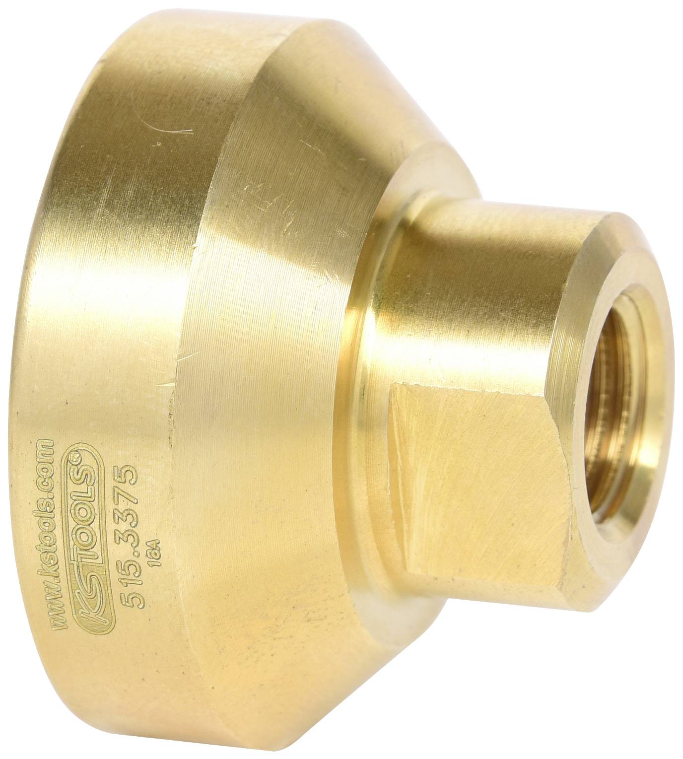 Un adattatore metallico color oro a forma esagonale, con un'apertura più ampia e piatta e un'altra più piccola filettata, idoneo per connessioni di utensili.
