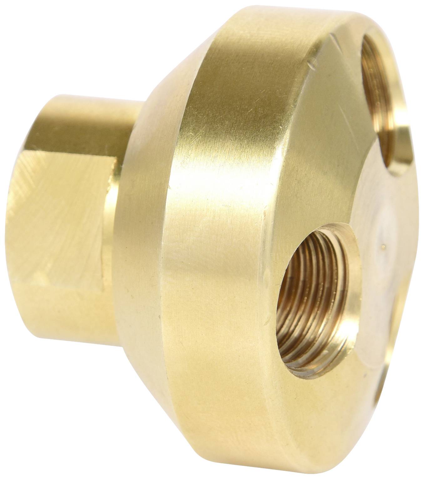 Flangia in ottone con due fori filettati, superficie lucida.