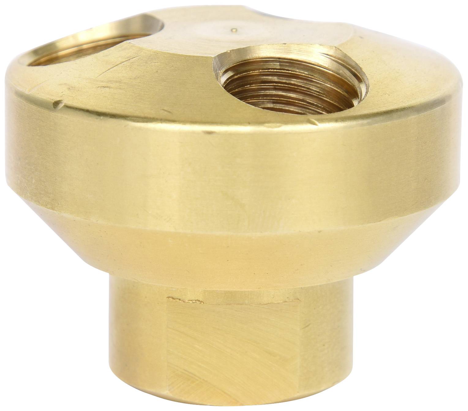 Componente di raccordo in ottone con filettatura interna, forma cilindrica e superficie lucida.