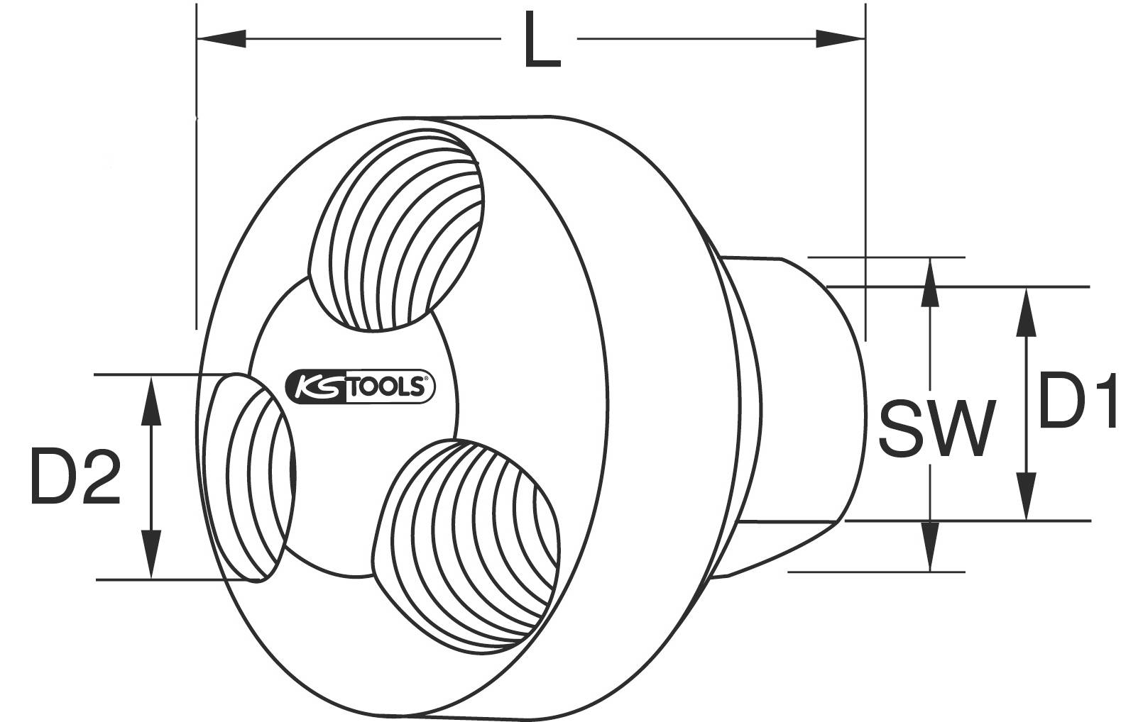 Illustrazione di un utensile di KS Tools con unità di misura variabili L, SW, D1 e D2, utilizzato per disegni tecnici o istruzioni di montaggio.