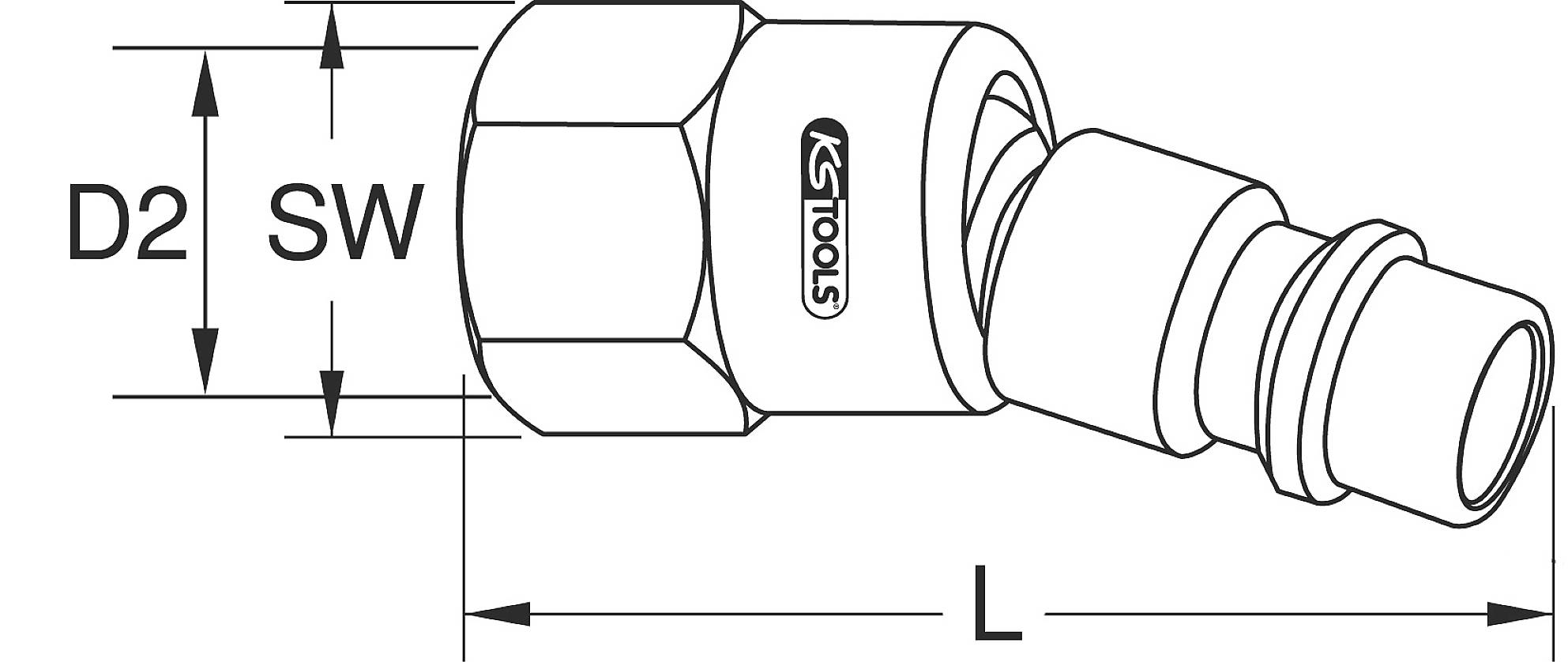 Disegno tecnico di un raccordo filettato. Contrassegnato con 'D2', 'SW' e 'L' per mostrare le diverse misure.