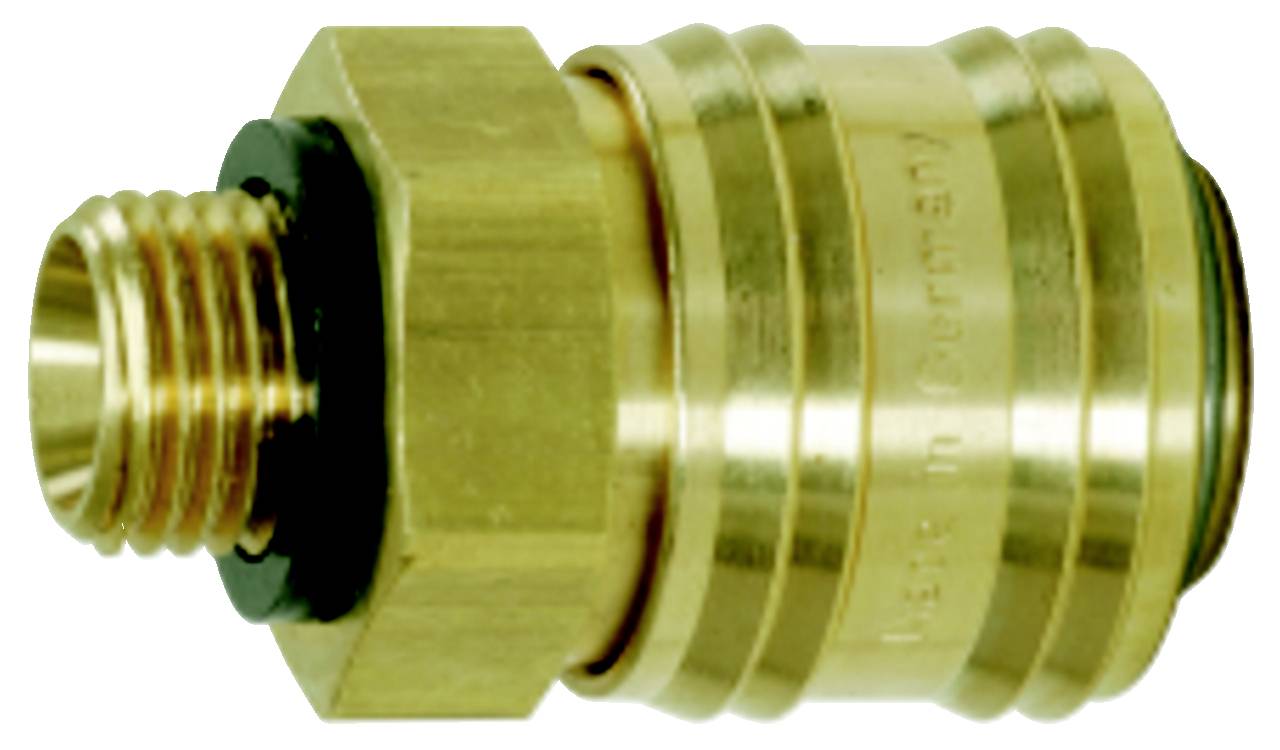 Raccordo rapido in ottone con filettatura esterna, forma cilindrica, per uso industriale.