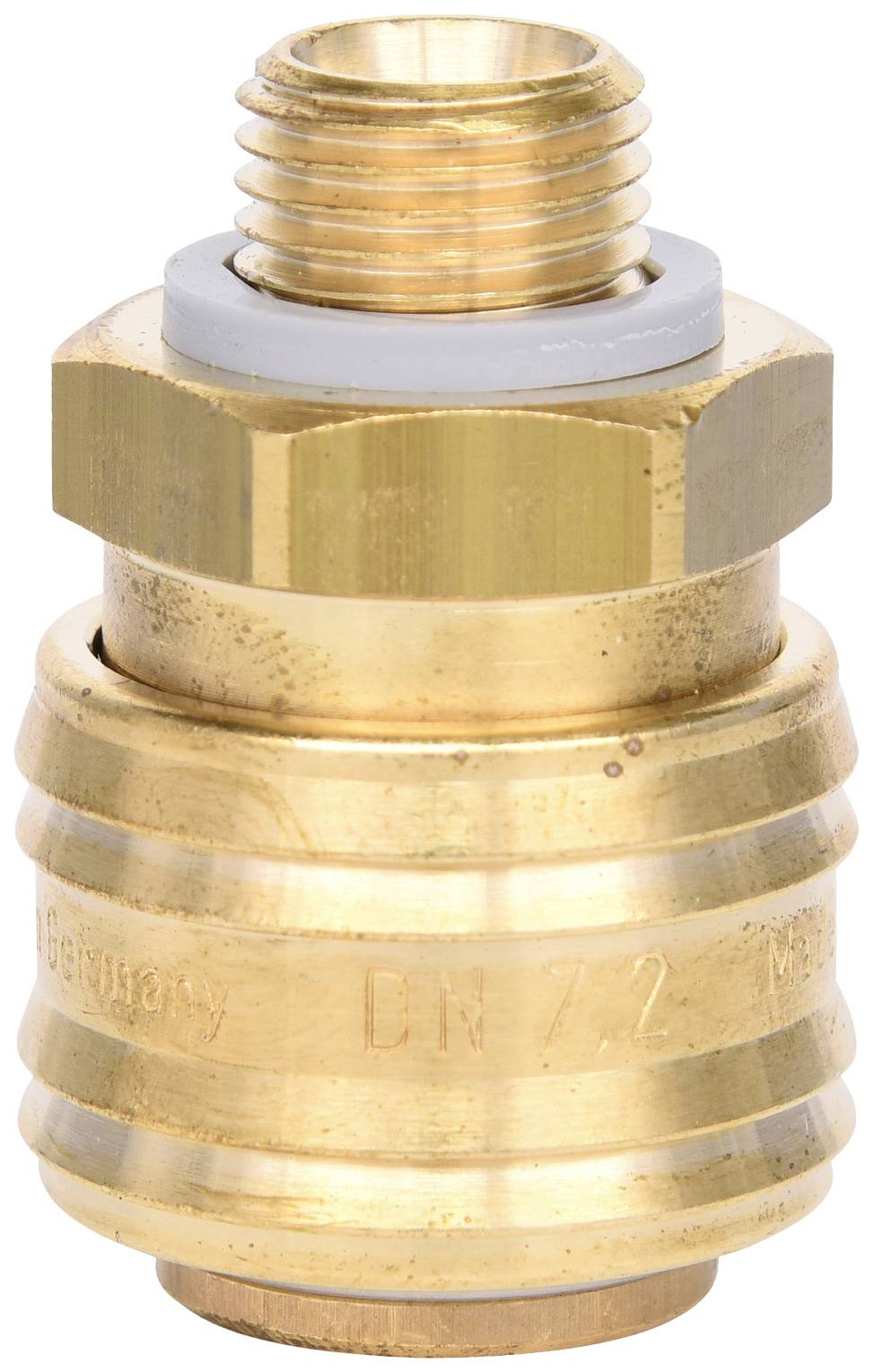 Raccordo rapido in ottone, forma industriale, forma cilindrica, superficie metallica. Adatto per sistemi ad aria compressa e liquidi.