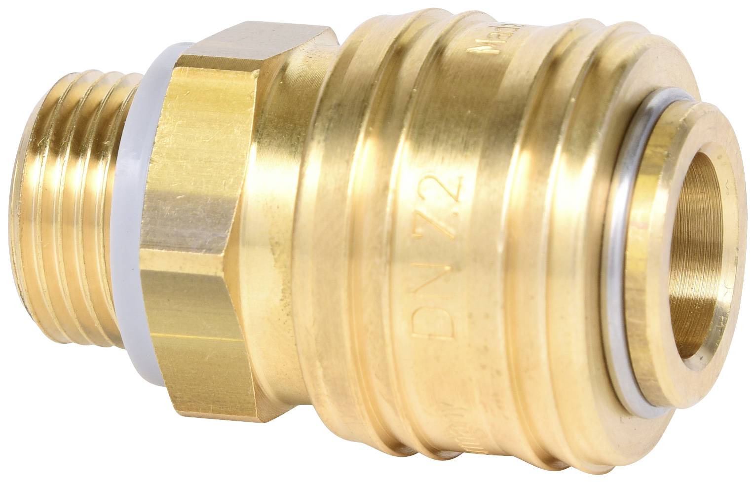 Raccordo rapido in ottone con filettatura esterna, idoneo per sistemi ad aria compressa. Mostra un design robusto per applicazioni industriali.