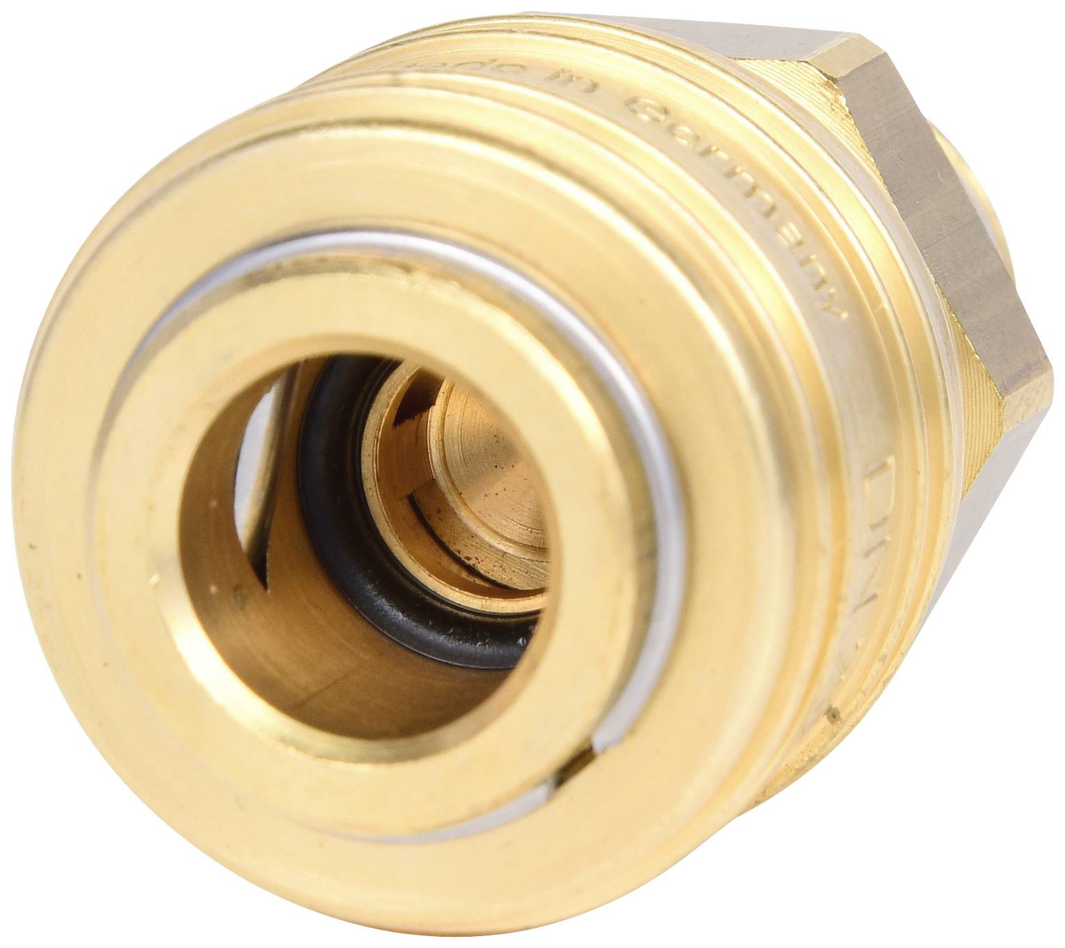 Raccordo di compressione in ottone con filettatura, utilizzabile per connessioni di tubi in impianti di riscaldamento e sanitari.