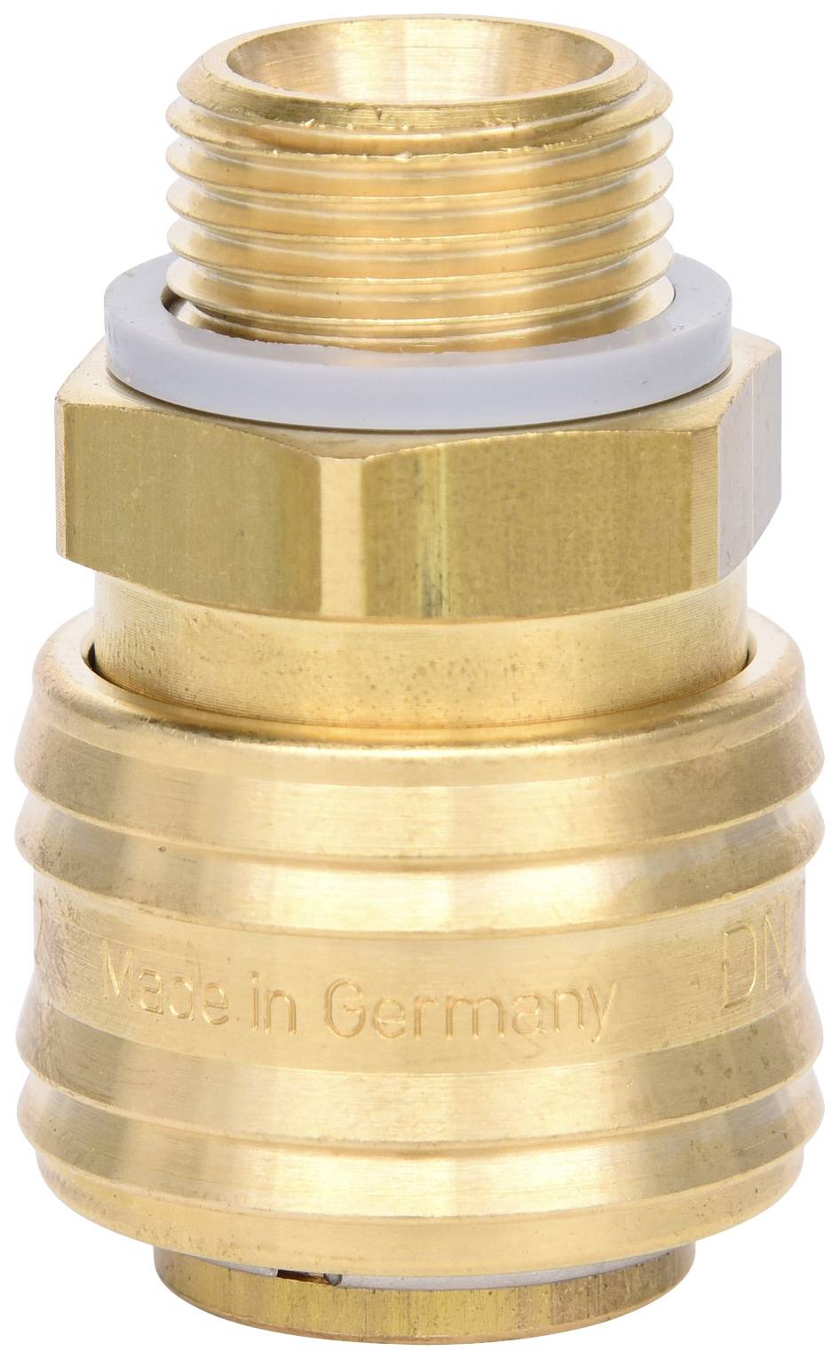 Un raccordo cilindrico dorato in ottone con filettatura, riportante la scritta 'Made in Germany', utilizzato per connessioni di tubi o tubi flessibili.