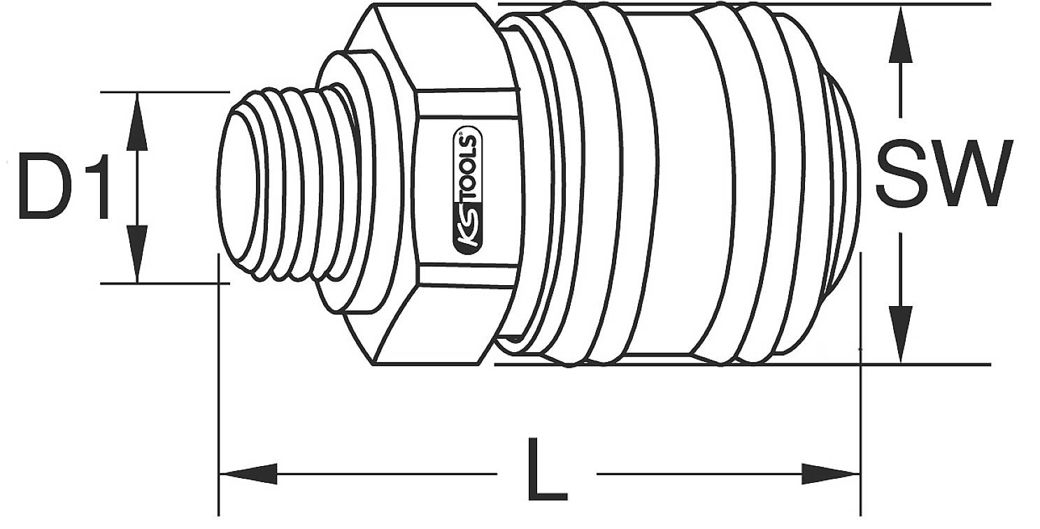 Disegno tecnico di un adattatore cilindrico filettato. Marcature per diametro (D1), larghezza chiave (SW) e lunghezza (L).