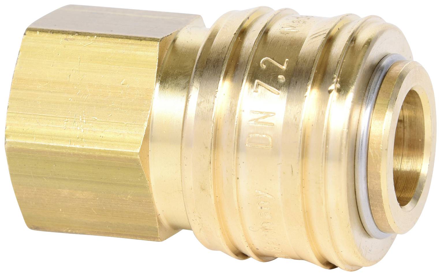 Raccordo rapido in ottone con dado esagonale e corpo zigrinato, utilizzato per connessioni veloci e semplici.
