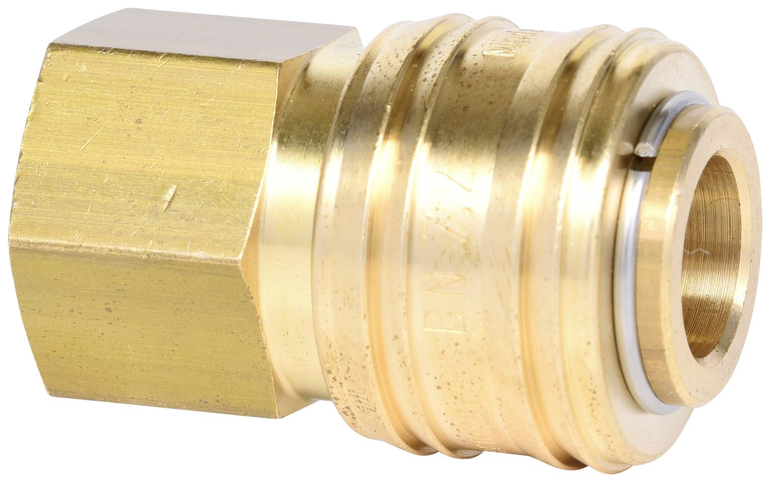 Raccordo filettato in ottone con dado esagonale, adatto per diversi tipi di connessioni tubiere.