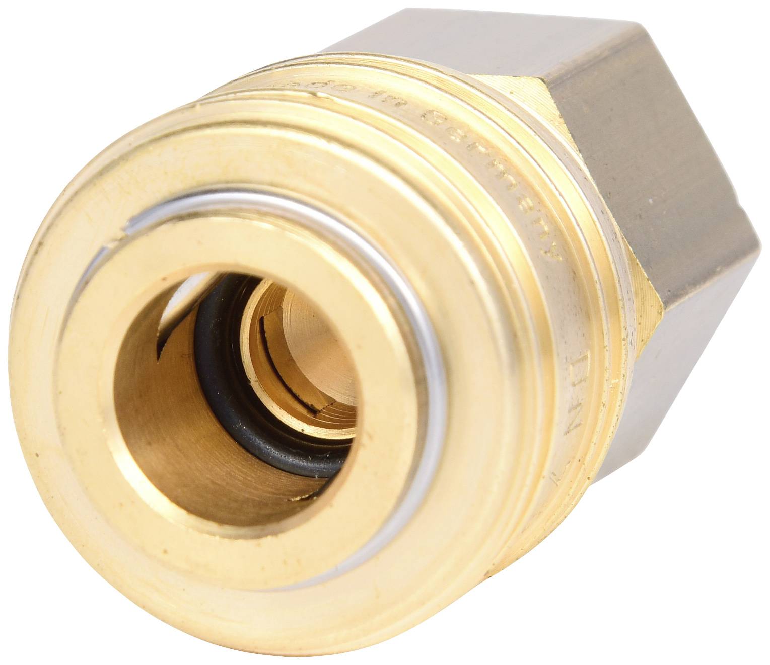 Adattatore esagonale in ottone con filettatura interna e O-ring inserito, idoneo per connessioni ad alta pressione in sistemi idraulici.