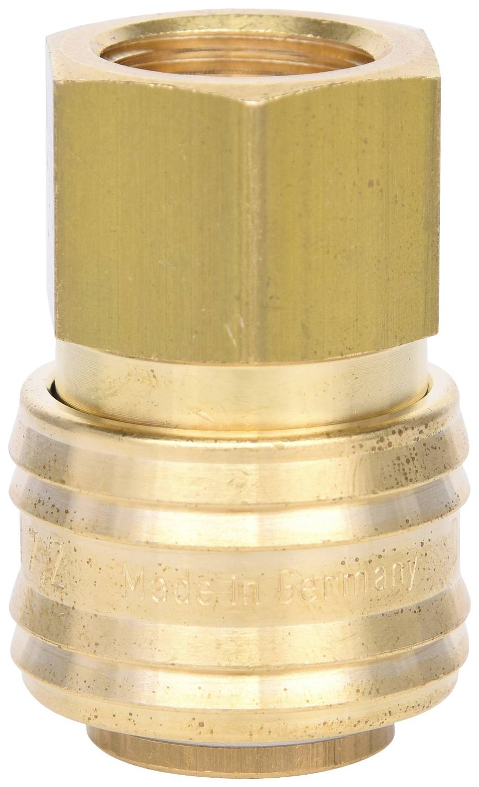 Raccordo rapido in ottone, forma cilindrica, con incisione 'Made in Germany'. Utilizzato per connessioni semplici di tubi o condutture.