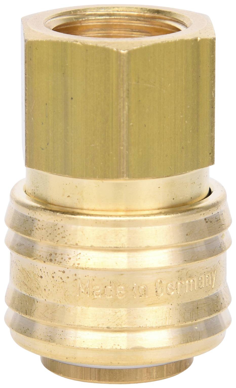 Raccordo in ottone con scritta 'Made in Germany'. Forma cilindrica con anello di base scanalato. Utilizzato per connessioni tubiere.