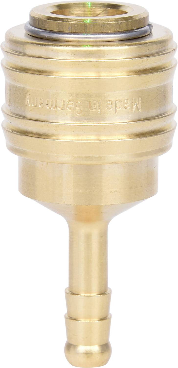 Un raccordo rapido in ottone dorato per tubi, liscio e cilindrico, con anelli e una punta conica, adatto per sistemi a innesto.