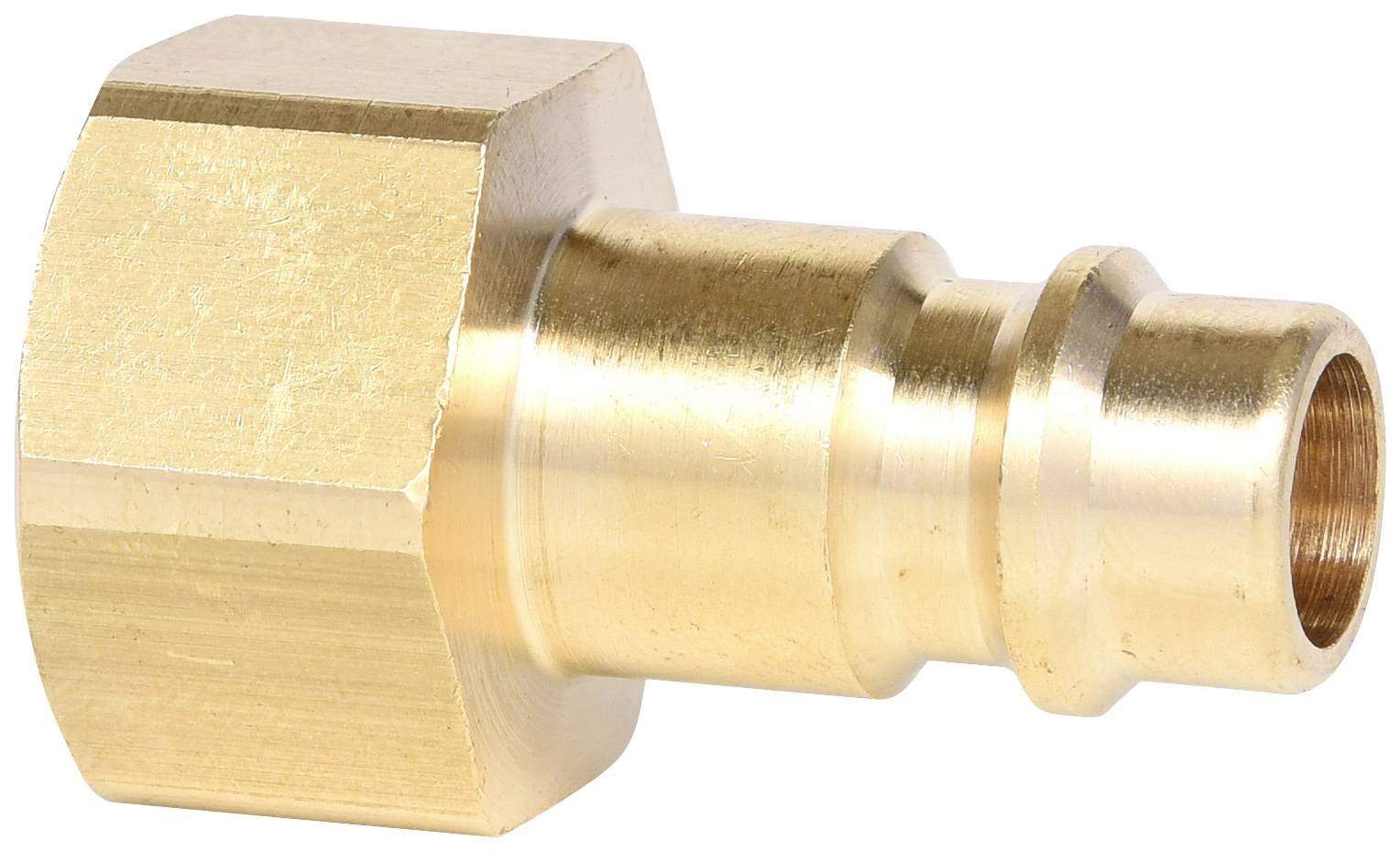 Un raccordo in ottone con dado esagonale e punta arrotondata, tipicamente utilizzato per connessioni di tubi o tubi flessibili.