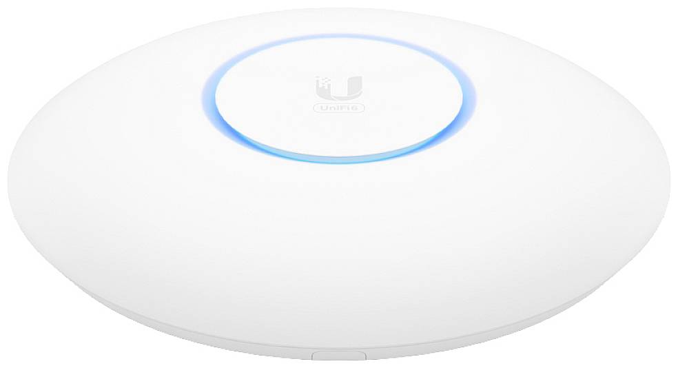 Un router WLAN bianco e rotondo con un anello luminoso blu sulla parte superiore. Adatto per il montaggio a soffitto in ambienti interni.