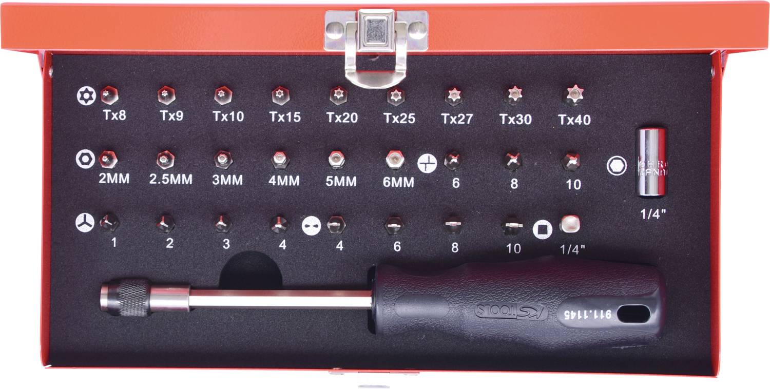 Un set di cacciaviti rosso con vari inserti Torx da Tx8 a Tx40, inserti esagonali da 2mm a 6mm, e un manico.