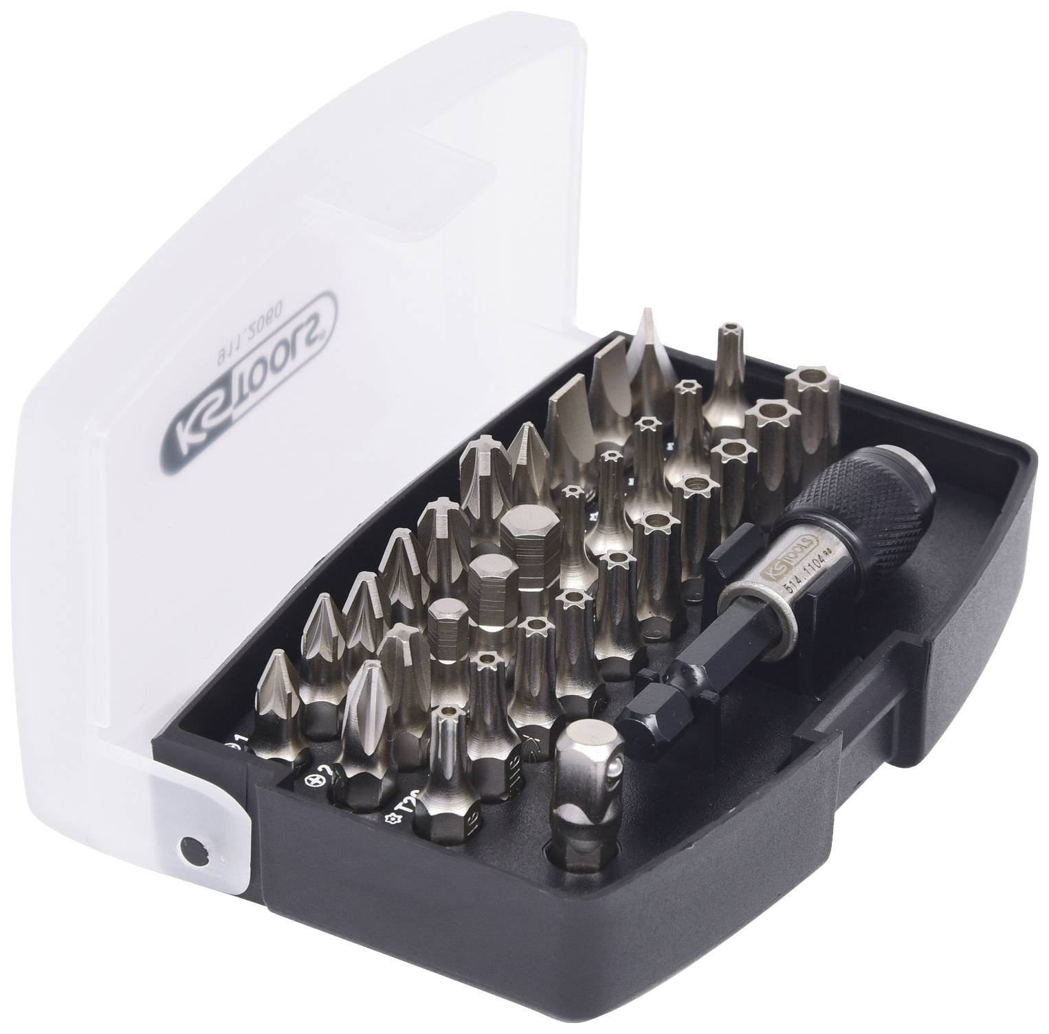 Set di punte per cacciavite in una scatola di plastica aperta. Contiene punte Torx, a croce e a taglio.