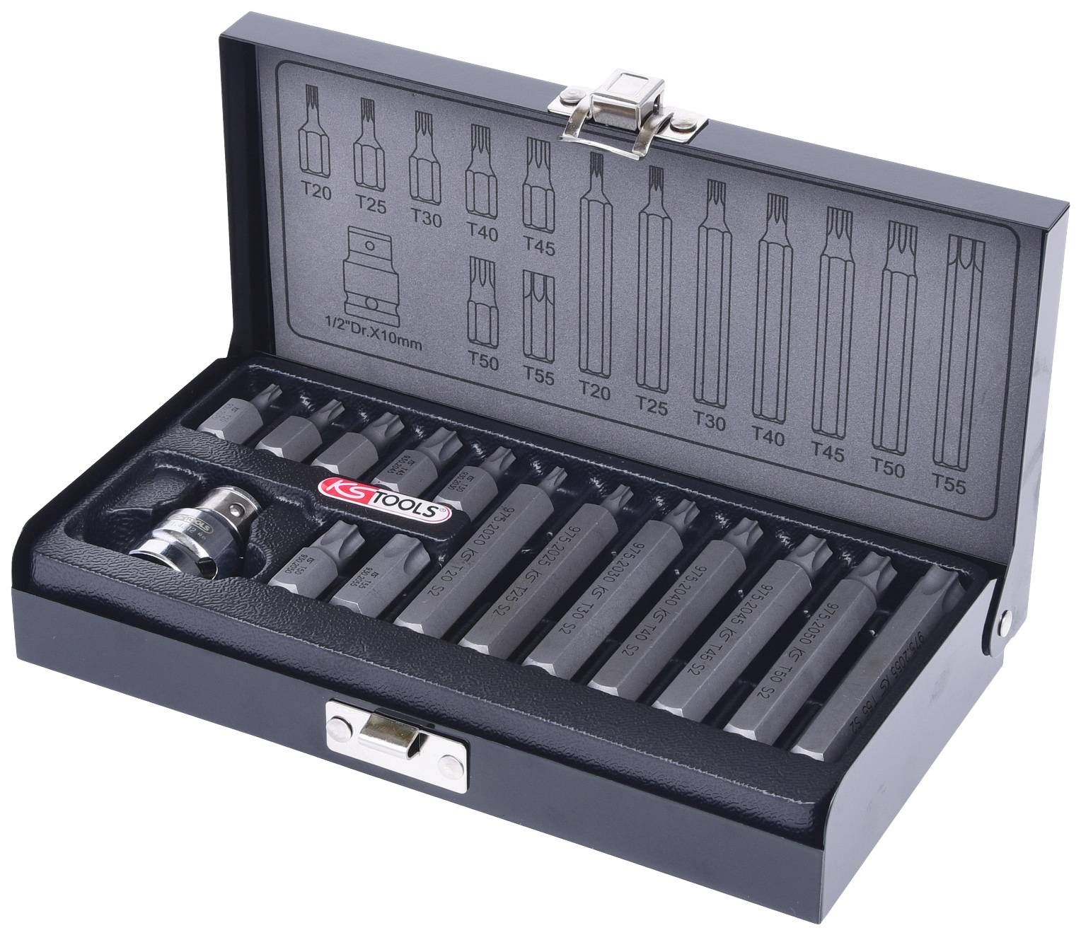 Un set di punte per cacciavite in un contenitore metallico aperto. Include punte Torx da T20 a T55 con supporto.
