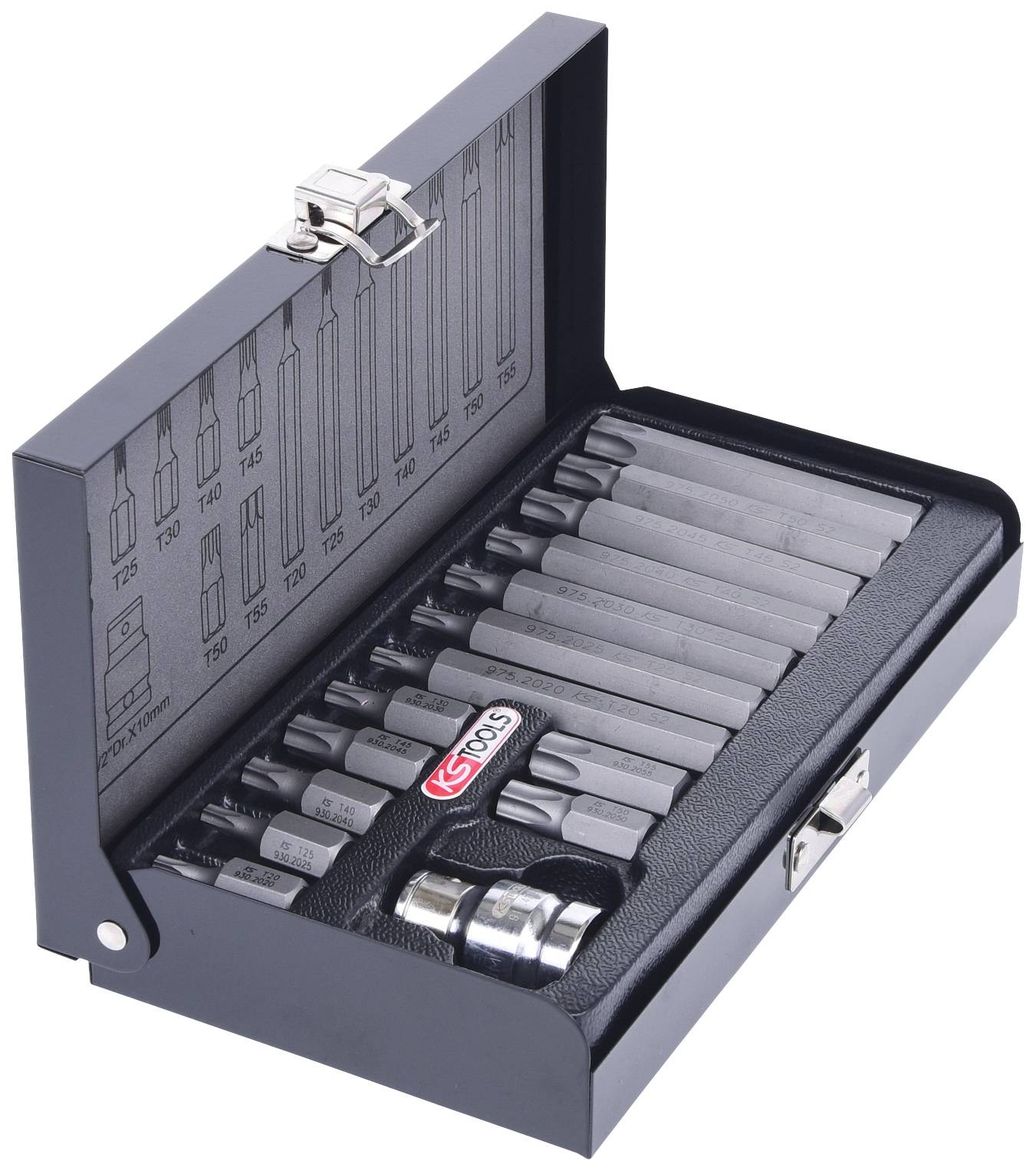 Valigetta degli attrezzi con set di bit, composta da vari bit esagonali e Torx di diverse dimensioni. Ideale per riparazioni.