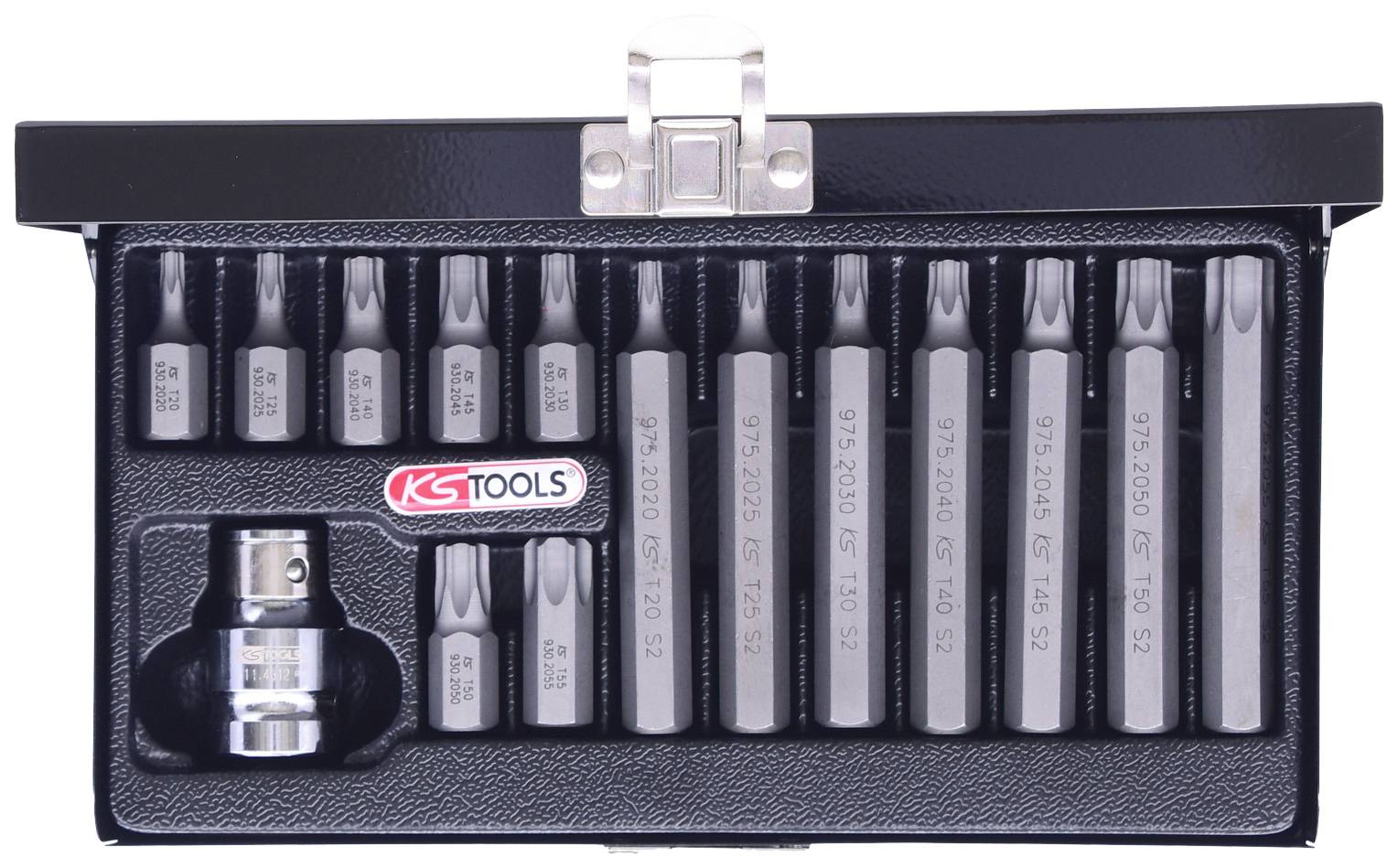 Un set di bit Torx in una scatola aperta. Ogni dimensione di bit è conservata in un comparto separato.