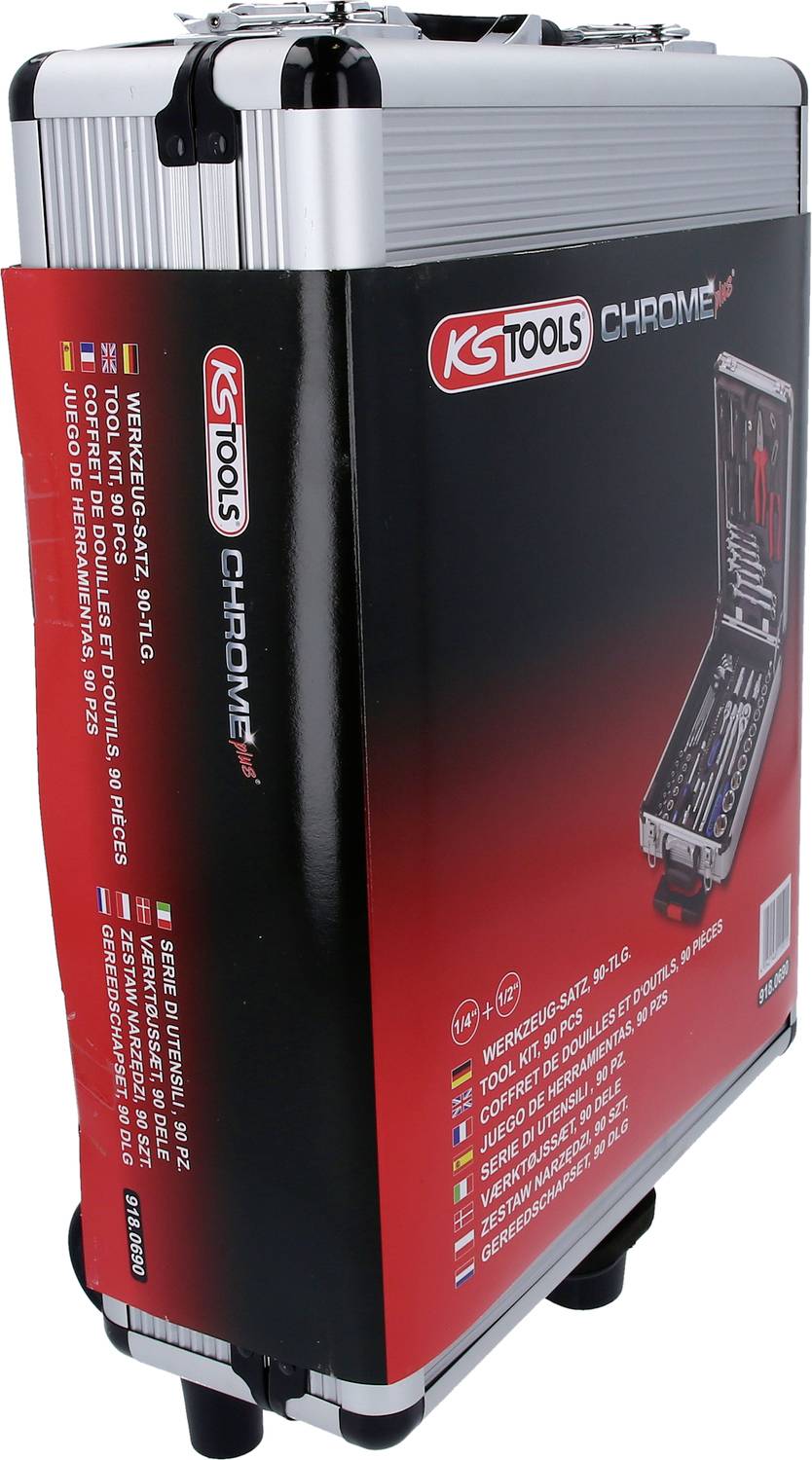 Cassetta degli attrezzi con utensili cromati, raffigurata di lato. Nome del marchio 'KS Tools Chrome' su sfondo rosso.