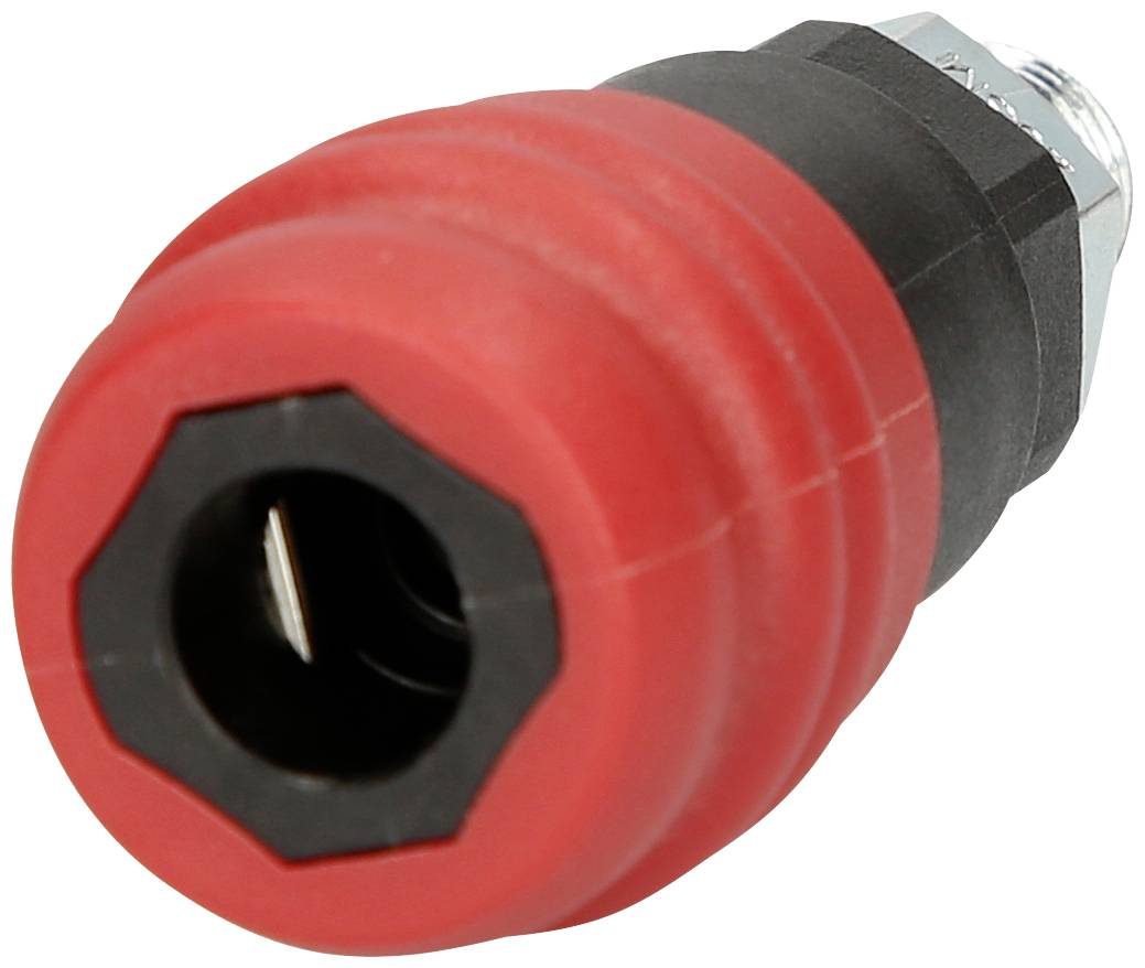 Spina di accoppiamento in gomma rossa e nera per connessioni elettriche, con attacco metallico esagonale all'estremità.