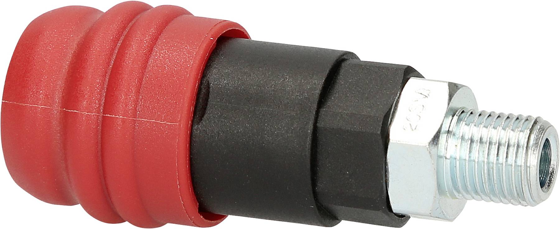 Un connettore idraulico rosso con una parte centrale nera e un filetto metallico a vite sul lato destro.