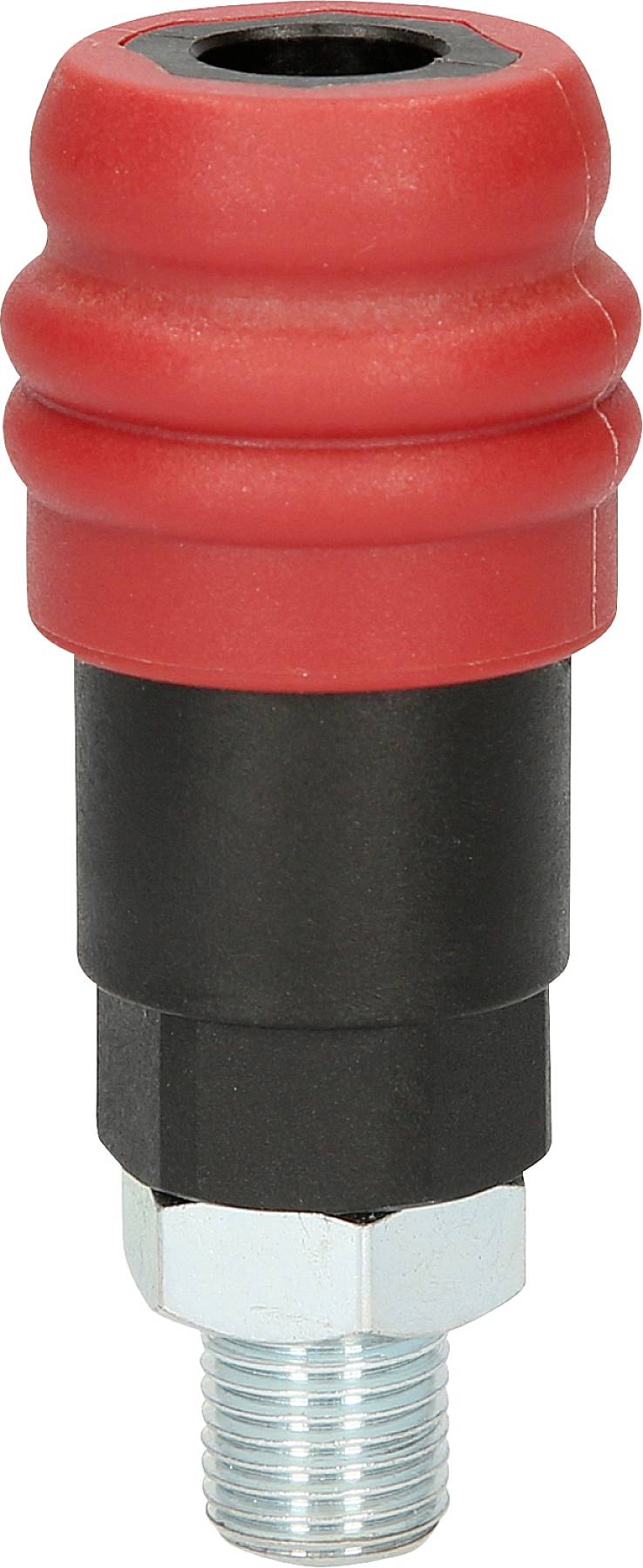 Un raccordo pneumatico rosso e nero con valvola di ingresso e filettatura esterna.