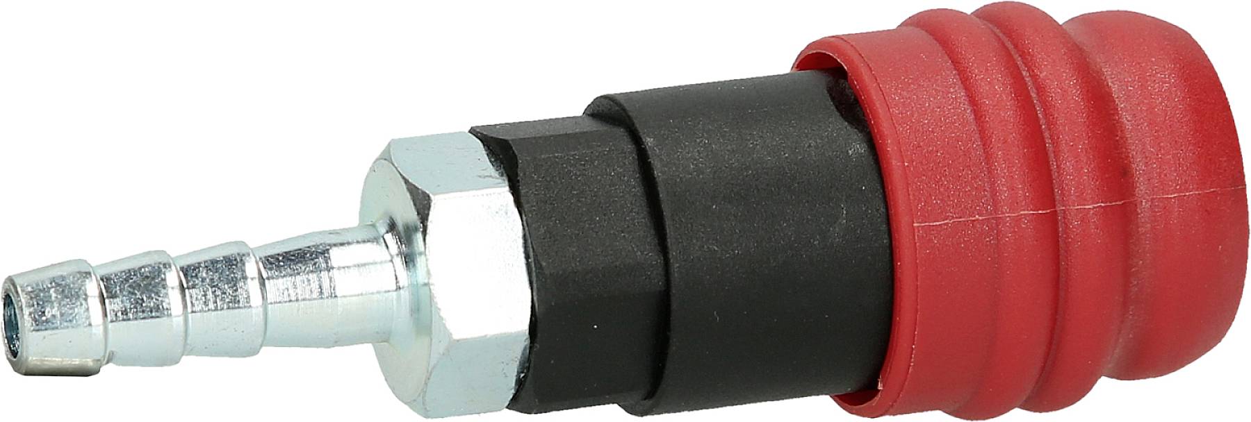 Un raccordo pneumatico con protezione rossa, parte centrale nera e connettore argentato, utilizzato per dispositivi ad aria compressa.