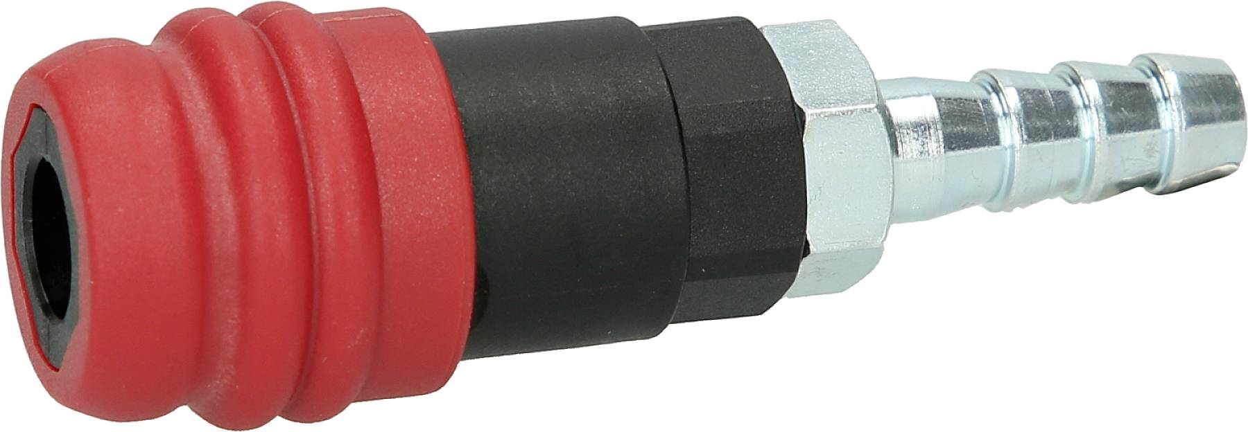 Un adattatore a sgancio rapido con boccola in plastica rossa e attacco in metallo argentato, utilizzato per utensili pneumatici.