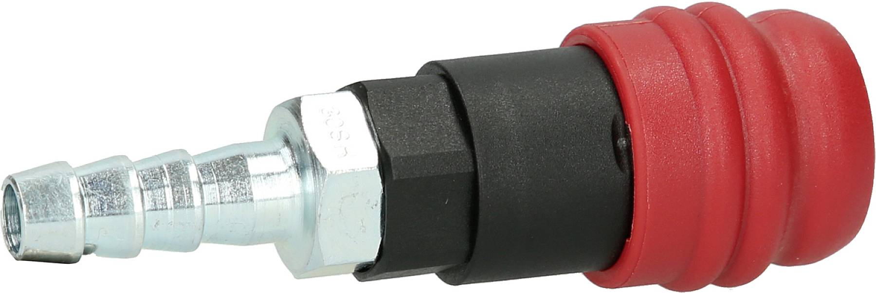 Raccordo per tubo metallico con rivestimento plastico rosso e nero, probabilmente adatto per sistemi ad aria compressa.