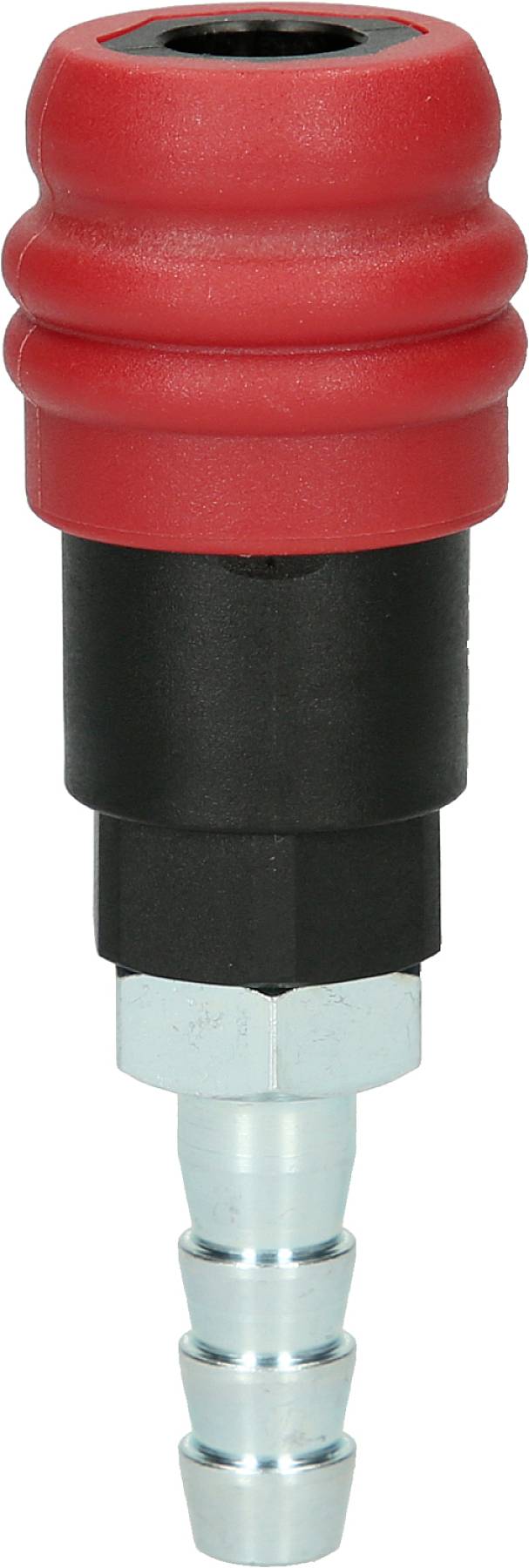 Un raccordo pneumatico cilindrico rosso con parte centrale nera e attacco metallico. Utilizzato in sistemi ad aria compressa.