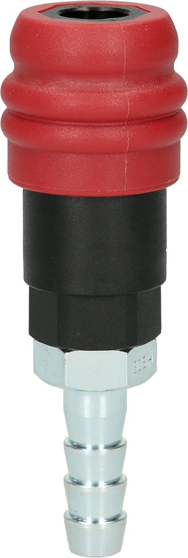 Un raccordo rapido in metallo con rivestimento in plastica rossa. Ha una superficie zigrinata ed è adatto per il collegamento di tubi.