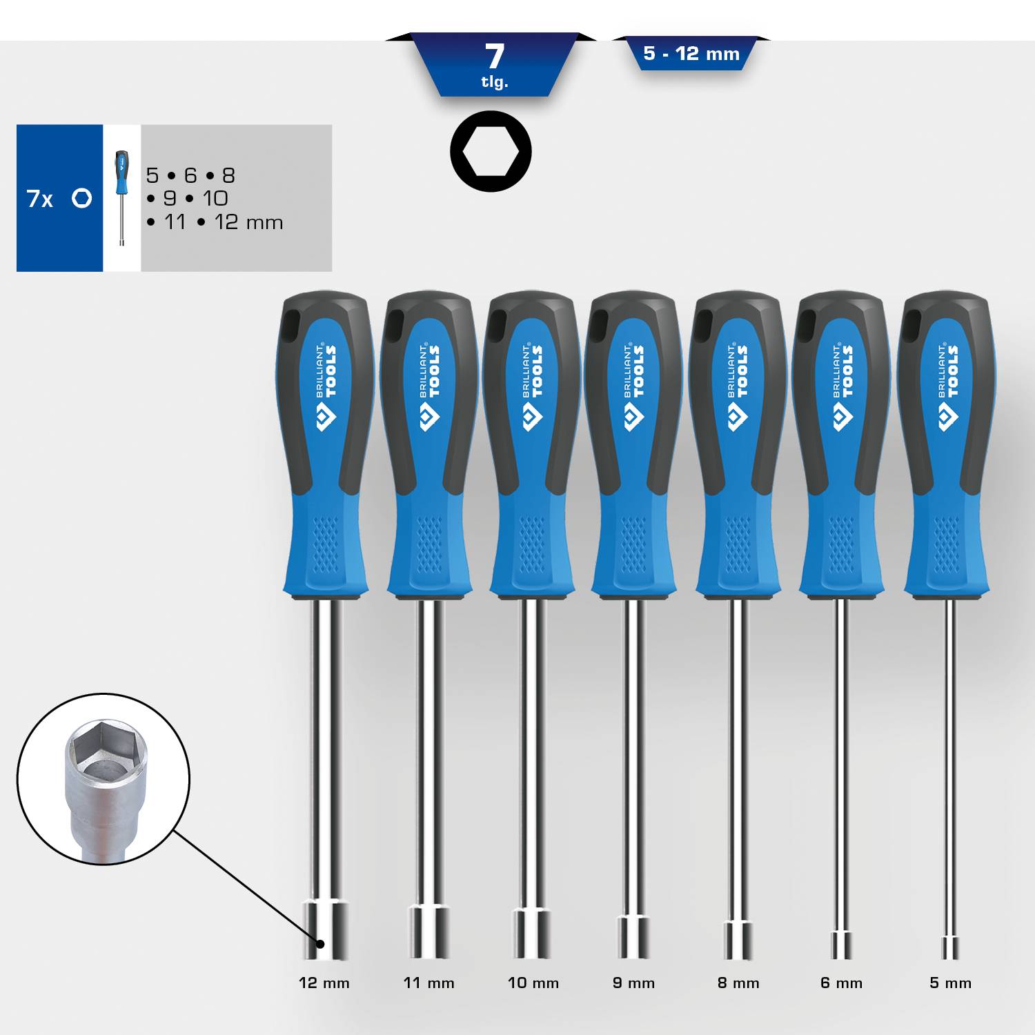 Un set di sette cacciaviti blu con impugnature nere in diverse dimensioni da 5 a 12 mm, con nome del marchio sull'impugnatura.