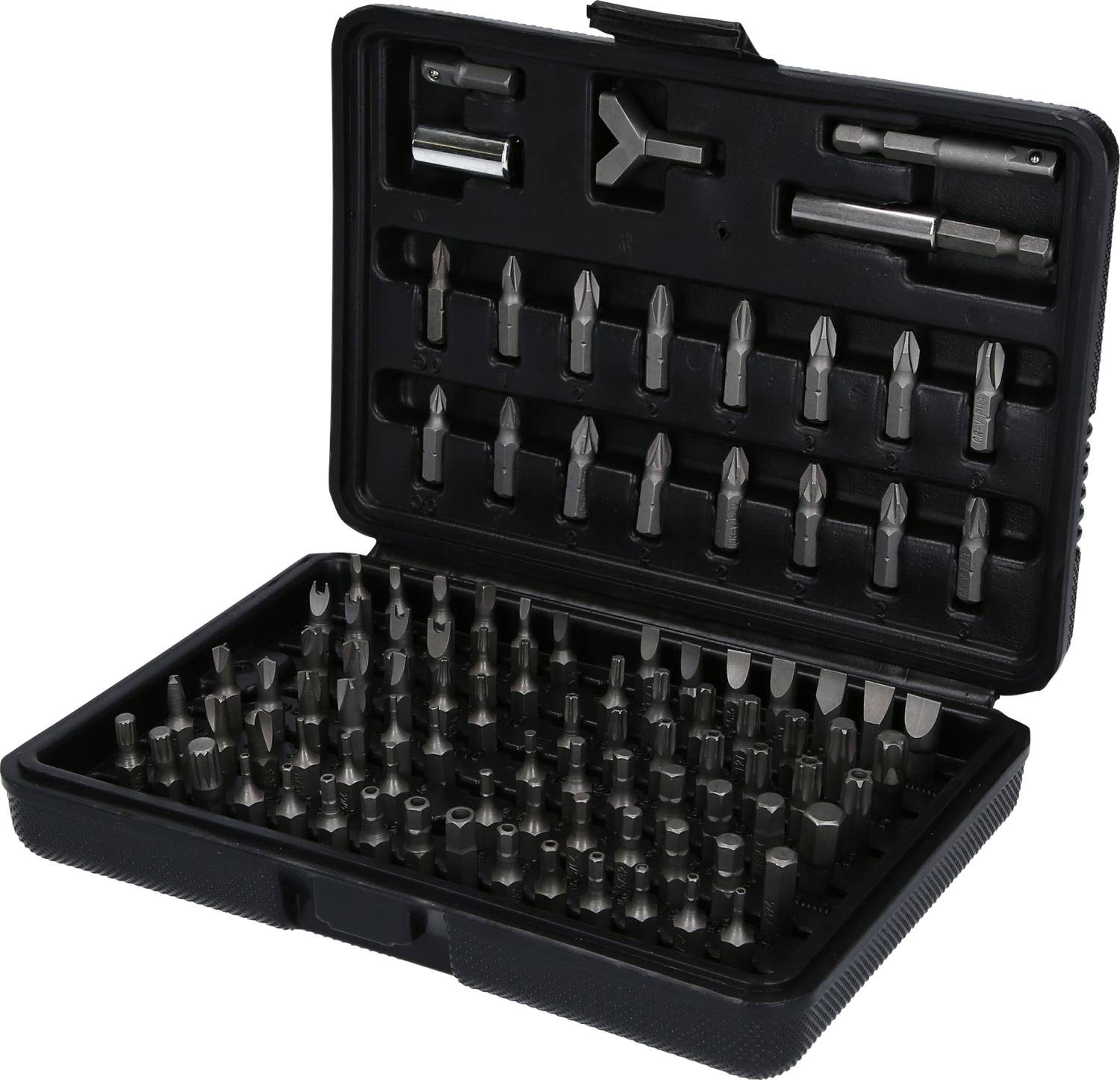 Cassetta degli attrezzi con inserti per cacciavite di diversi tipi, ordinati ordinatamente in file. Contiene inserti a croce, a taglio e Torx.