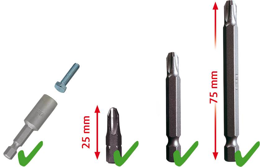 'Tre bit Torx di lunghezze diverse, contrassegnati con 25 mm e 75 mm, accanto a una testa di vite e un supporto magnetico per bit.'