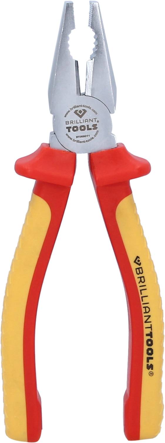 Una pinza combinata isolata con impugnatura rossa e gialla, adatta per lavori elettrici.